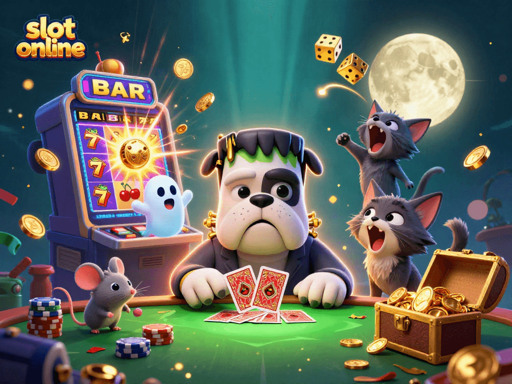 Engage with thrilling slot online gaming through a colorful scene of monsters and jackpots.