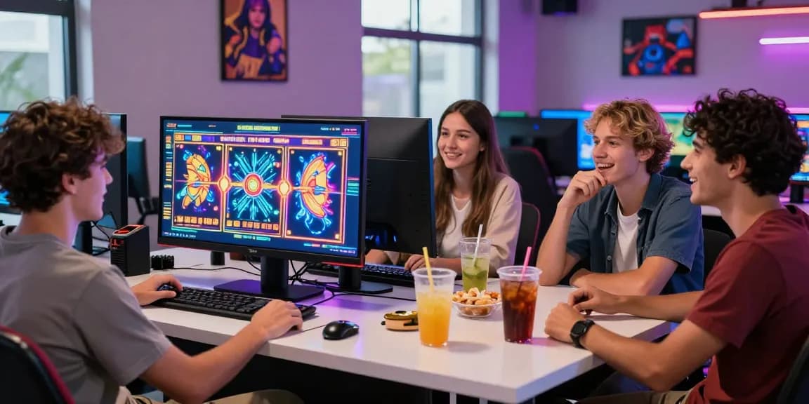 Excited group of friends playing situs slot online in a modern gaming room ambiance.