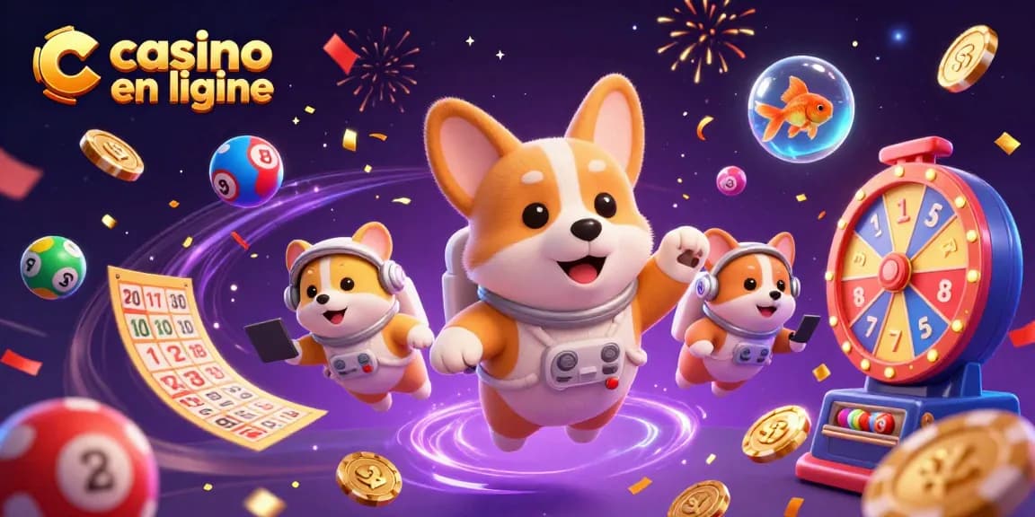 Jouez au casino en ligne avec cet illustration animée de casino flottant, jeux et célébration.
