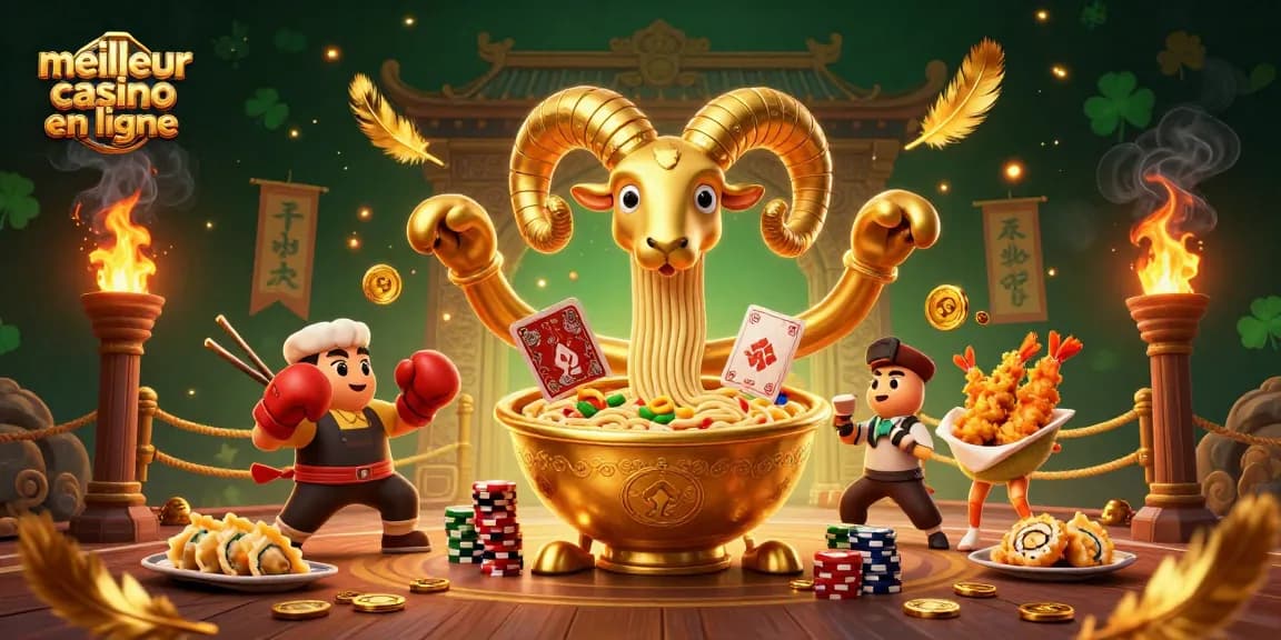 Jouer dans un meilleur casino en ligne avec une illustration dynamique et colorée de personnages culinaires et de jeux.