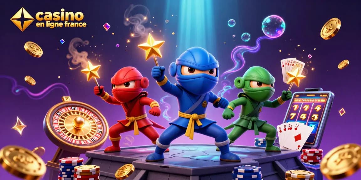 Casino en ligne France : les ninjas caméléons remportent le jackpot avec des pièces d'or volantes.