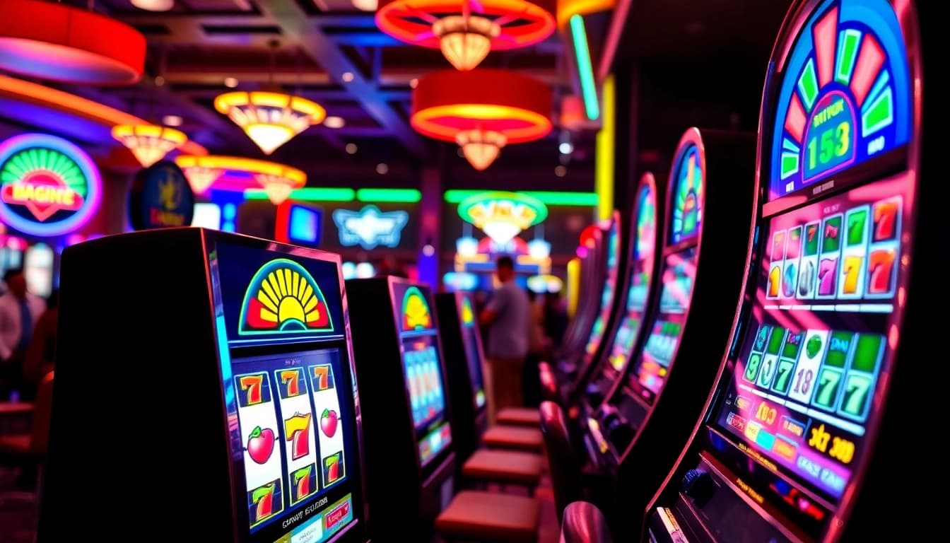 Menang dalam slot 777 dengan meriah di kasino yang penuh warna dan lampu.