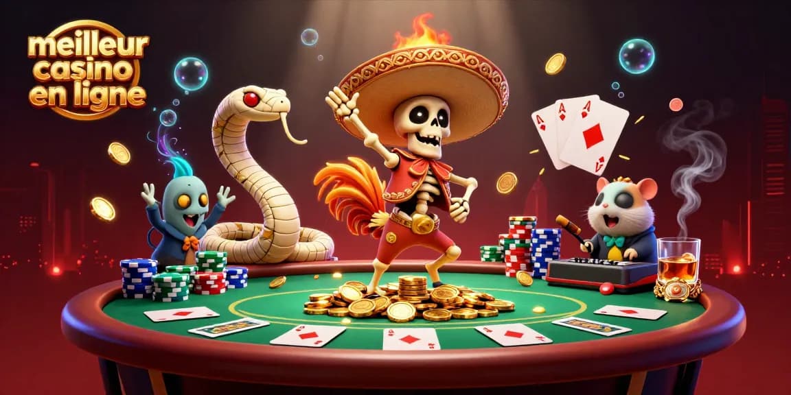 Plongez dans le meilleur casino en ligne avec une danse festive des personnages colorés sur une table de poker.