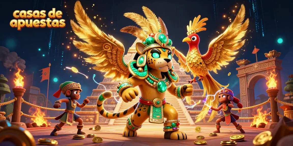 Apuestas en casas de apuestas con un sacerdote jaguar maya y un quetzal dorado en una escena vibrante.