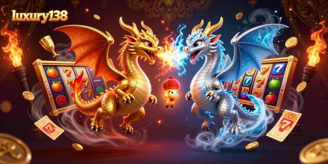 Play thrilling slots with luxury138, featuring gold and silver dragons in an enchanting casino scene.