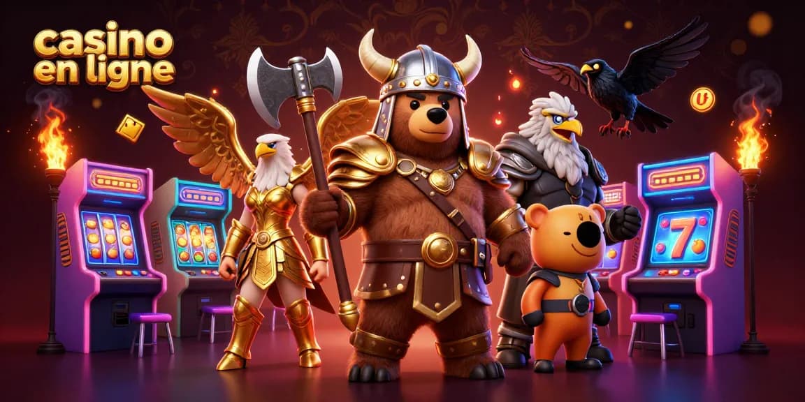 Jouer au casino en ligne avec des symboles colorés et un ours viking dans une illustration dynamique.