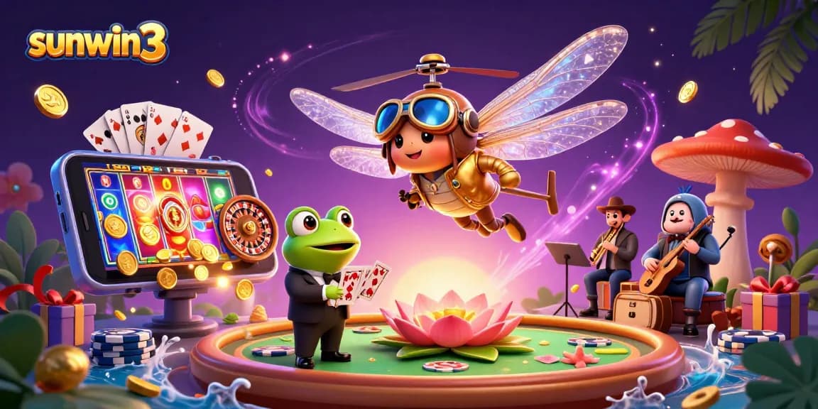 Engage with the vibrant gamescape of sunwin3 featuring a dragonfly pilot and a frog croupier.