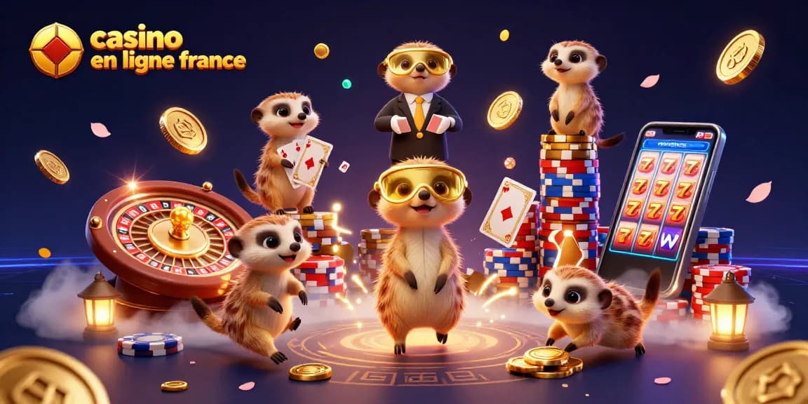 Casino en ligne France : suricates jouant avec des jetons et des cartes dans un casino animé.
