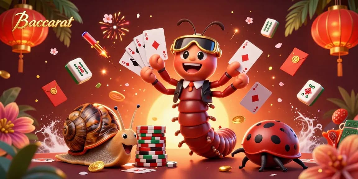 Baccarat game illustration featuring a millipede dealer and high-roller characters for an engaging casino scene.