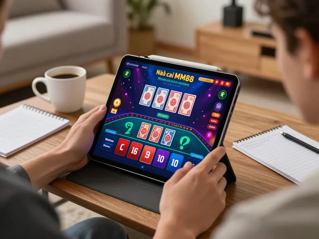 Player engaging with Nhà cái MM88 through tablet during an online casino session in a cozy home setting