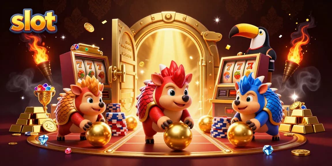 Spin the slot machines in a vibrant casino scene with rival pangolins and golden treasures.