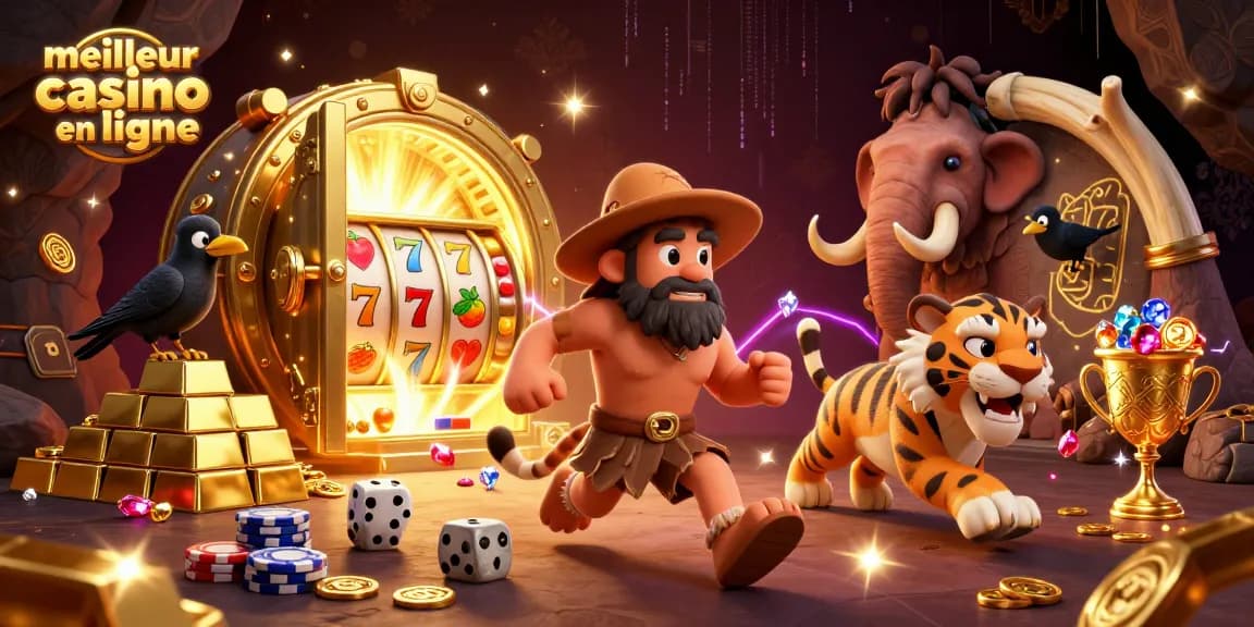 Le meilleur casino en ligne avec un duo préhistorique offrant des jetons de poker et des dés en os.