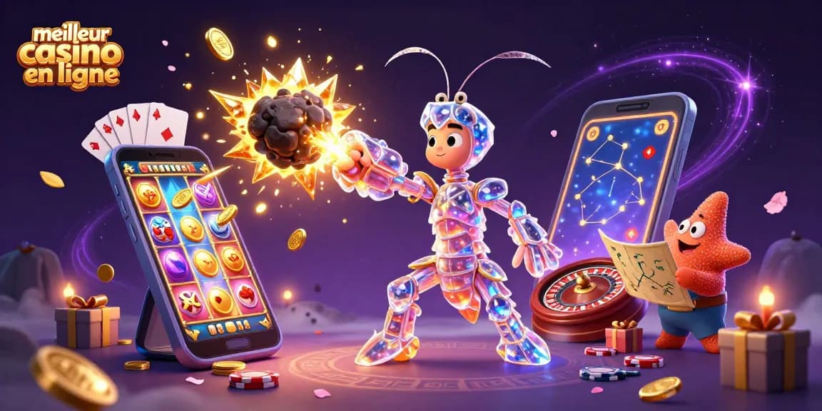 Visualisation dynamique du meilleur casino en ligne avec un samouraï mante et un astéroïde explosant.