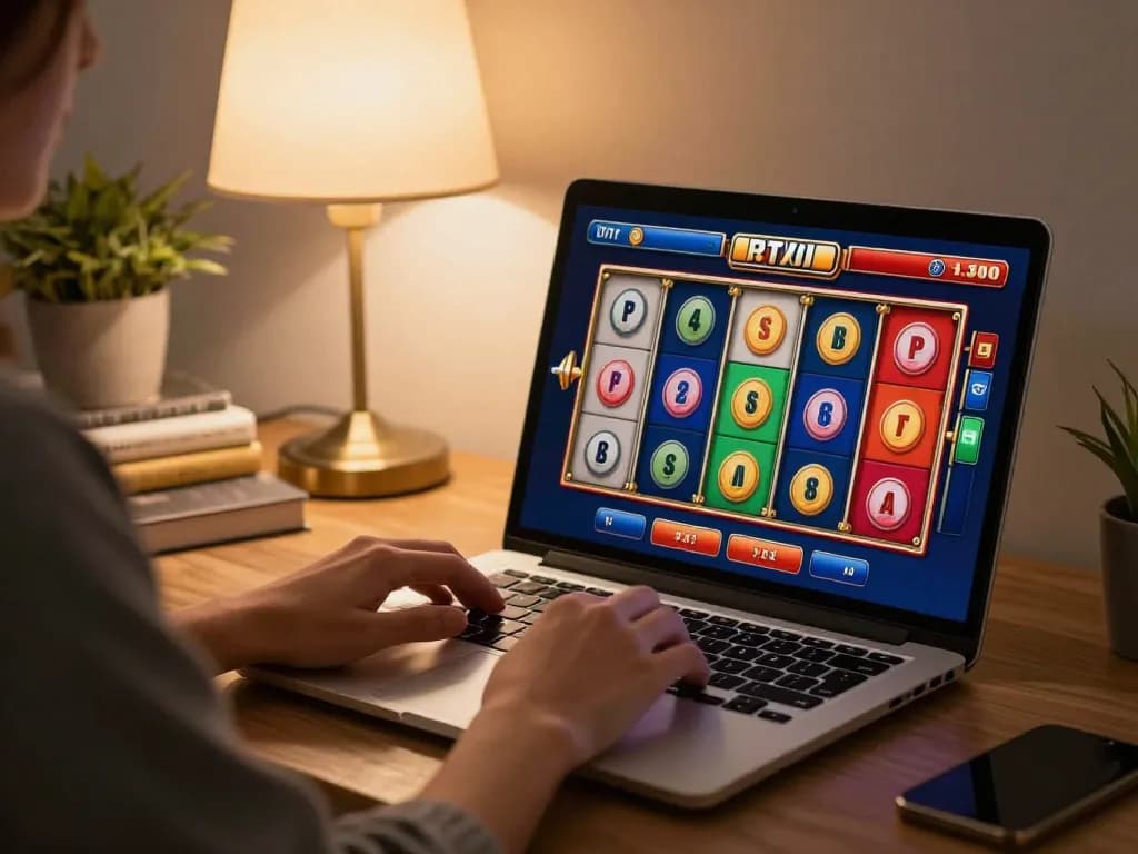 Enjoying thrilling 92slot gaming experience at home with vibrant reels on laptop.