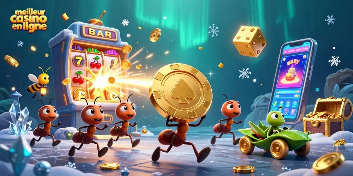 Jouez au meilleur casino en ligne avec des fourmis transportant un jeton de poker doré à travers un tunnel