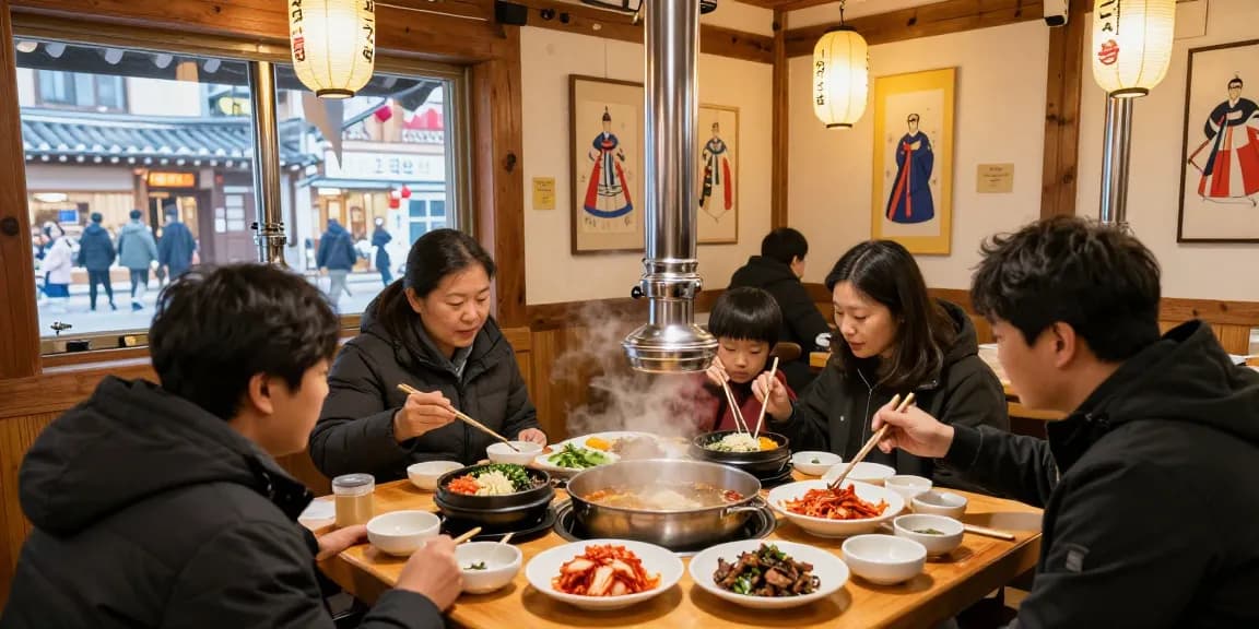 Family dining at 상봉동 한국관 with colorful Korean dishes beautifully arranged.
