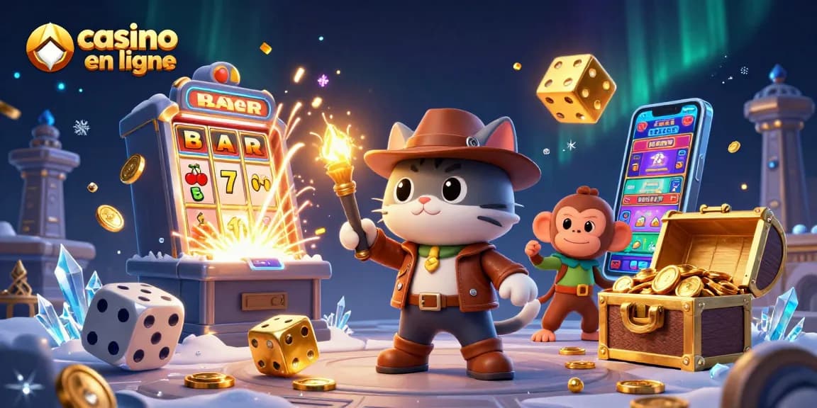 Profitez du casino en ligne avec une illustration de jeu captivante incluant des personnages de casino et des symboles gagnants.