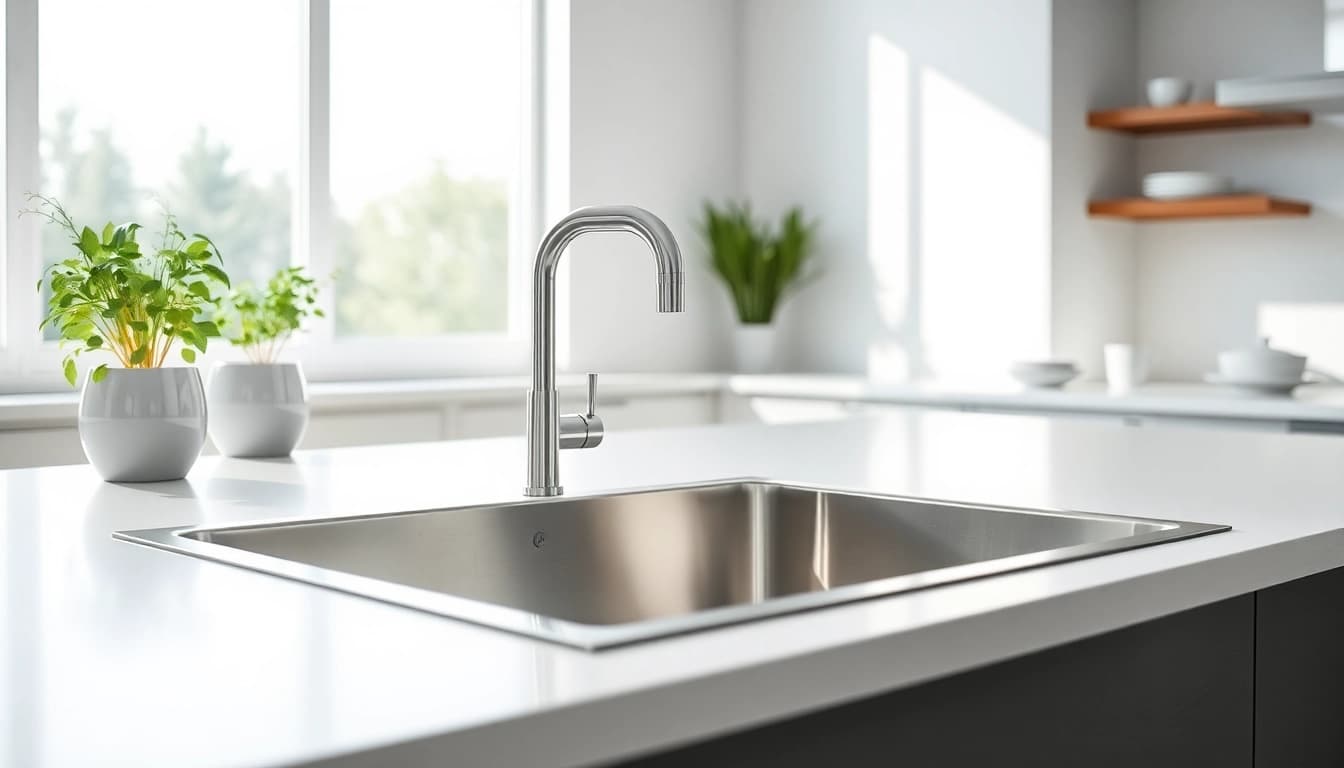 Showcasing a sleek kitchen sink in stainless steel, highlighting its elegance in a modern kitchen.