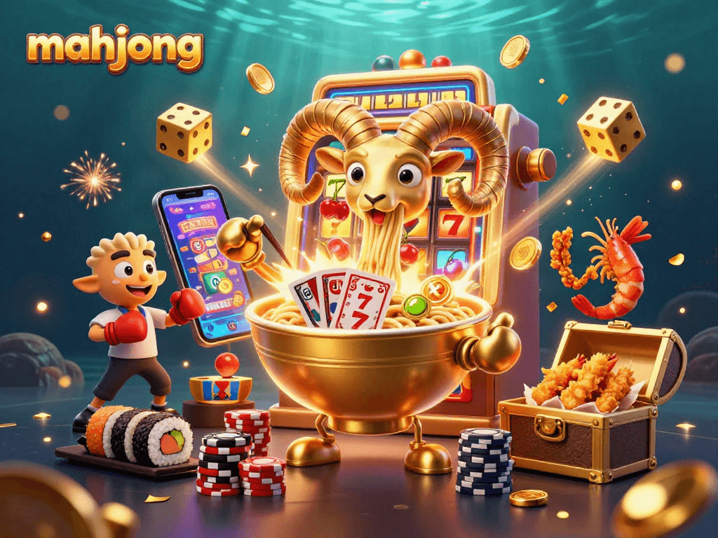 Experience Mahjong delight with a golden ramen bowl dealer amidst vibrant slot machine jackpots and dynamic casino effects.