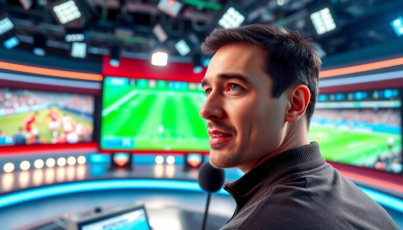 Engaging sports broadcasting scene with a commentator delivering live updates in a dynamic studio.
