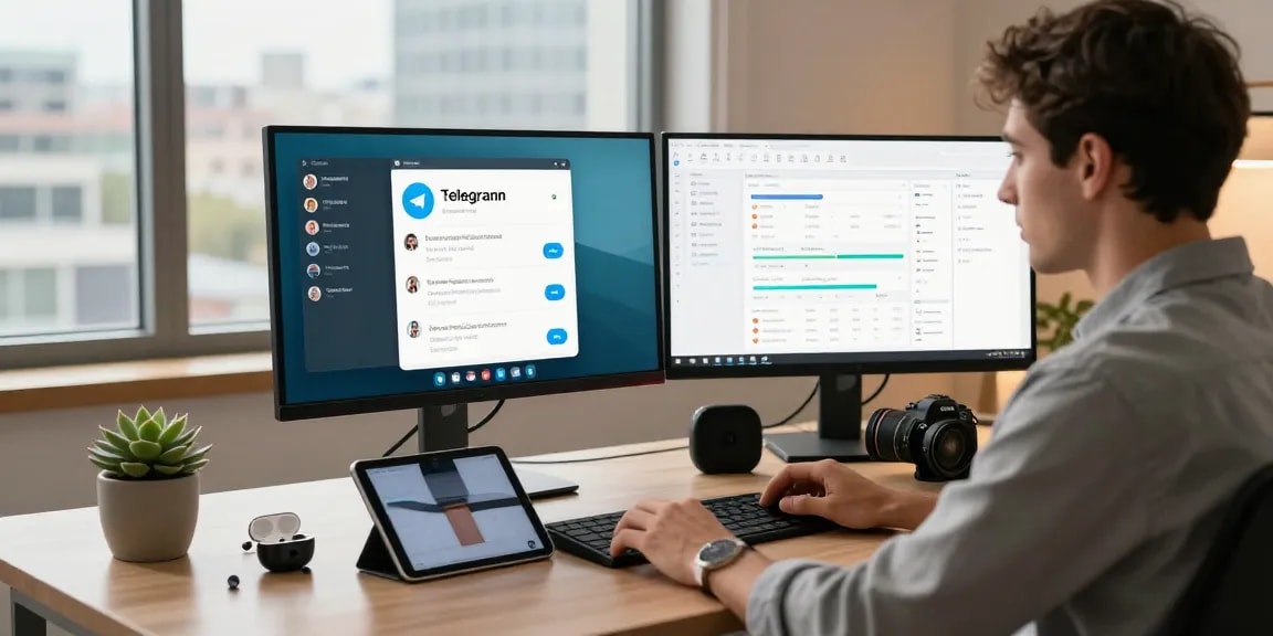 User engaged in video call using telegram中文版 on dual monitors in a modern workspace.