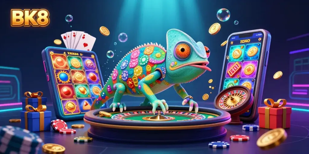 Engage with BK8's vibrant casino world, featuring a chameleon owner amid golden coins and slot games.