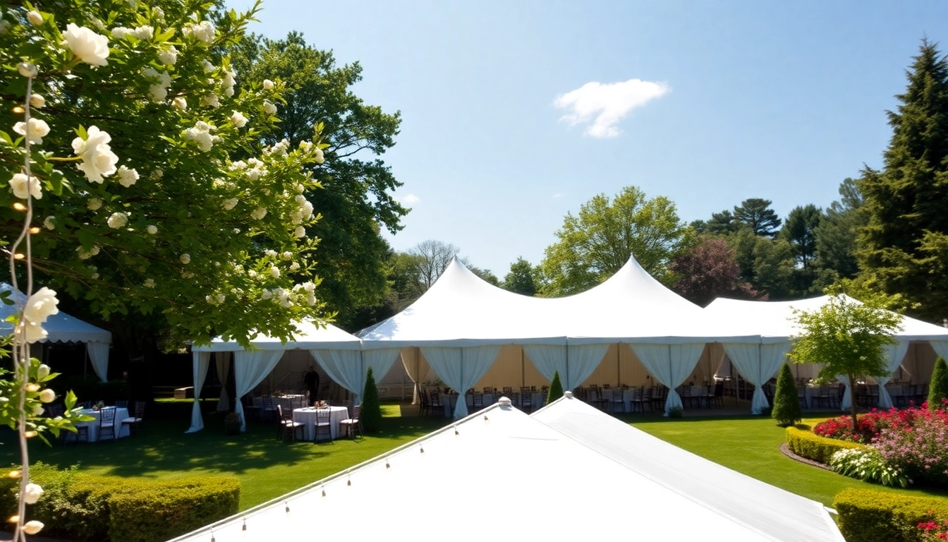 Showcase of tent rentals at a beautiful outdoor event with blooming flowers.