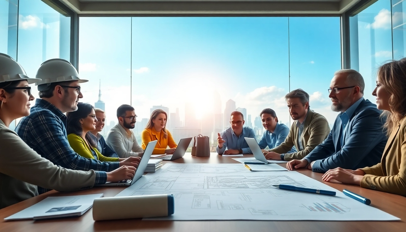 Engaged stakeholders discussing construction advocacy in a modern office setting
