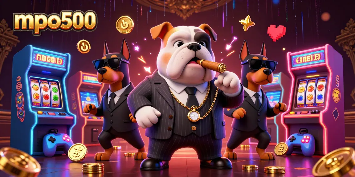 Play exciting games at mpo500 with a vibrant illustration of a mafia boss and Dobermans in a casino.