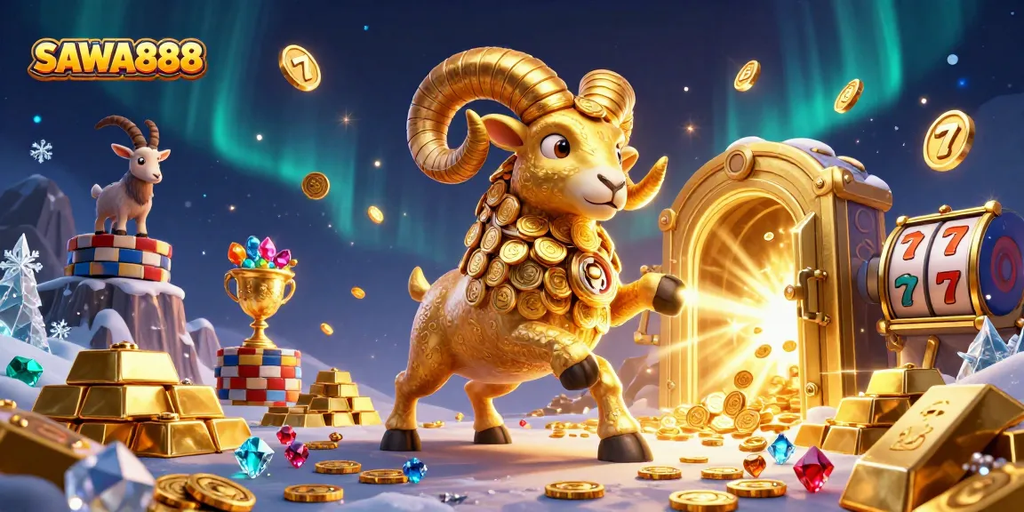 SAWA888 showcases a lively scene with a golden ram charging at a treasure vault, surrounded by slot reels and sparkling gems.