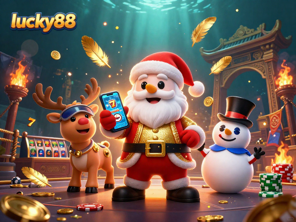 Win big with lucky88 featuring a festive scene of Santa, a reindeer dealer, and a poker chip snowman.