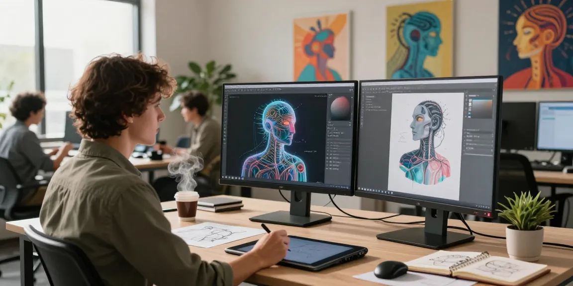 Creative professional using an image to prompt generator in a modern office setting, showcasing AI technology.
