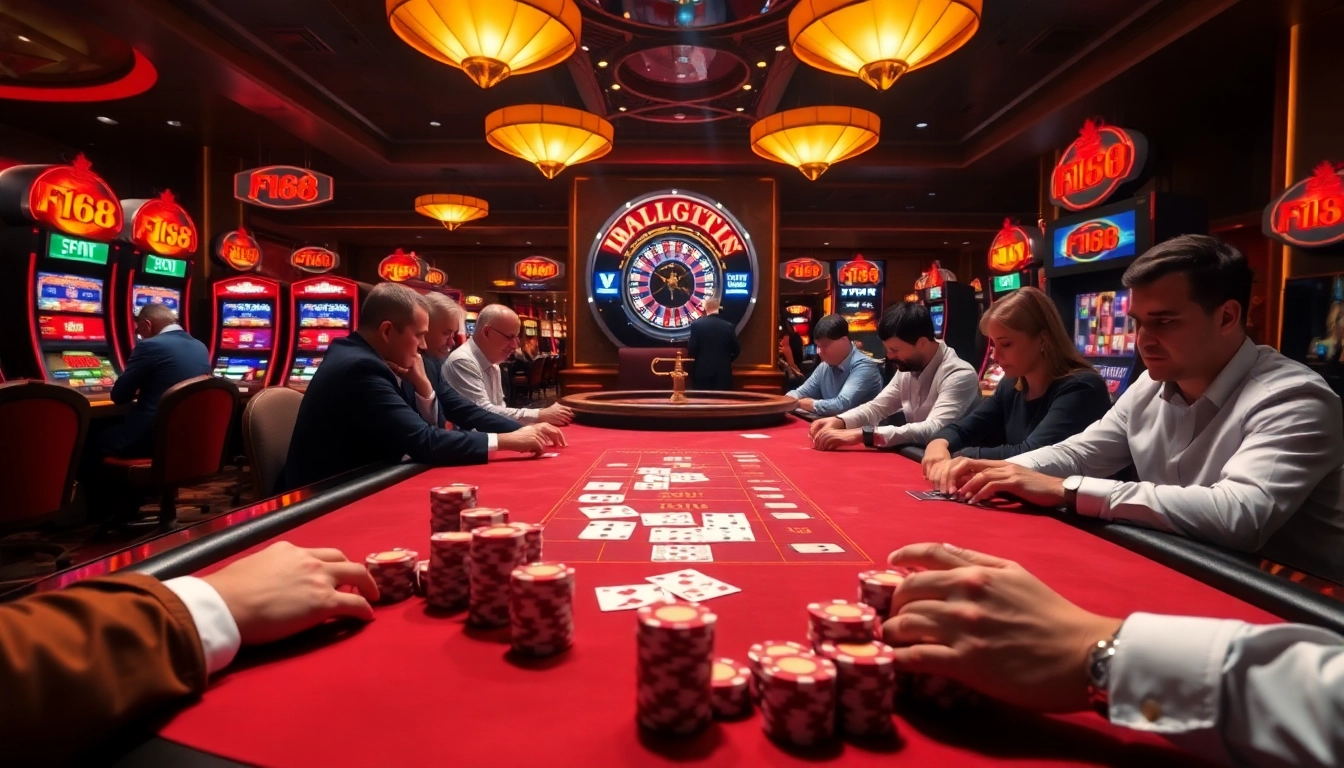 Experience vibrant casino action at F168 with poker chips, cards, and thrilling slot machines.