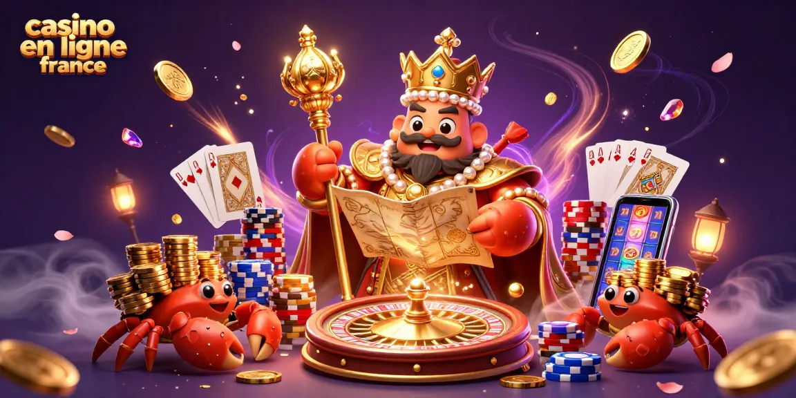 Illustrez le monde du casino en ligne France avec un crabe empereur en or captivant tenant des jetons et des trésors.