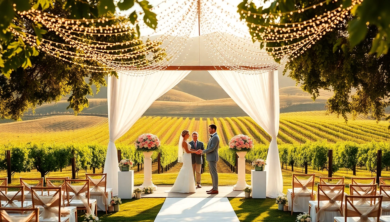 Romantic outdoor ceremony at wedding venues sacramento showcasing elegant decor and scenic vineyard backdrop.
