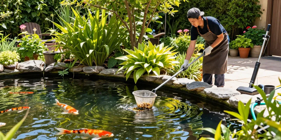 Professional Pond Cleaning Essex in action, skilled cleaner removing debris from vibrant garden pond with koi fish.