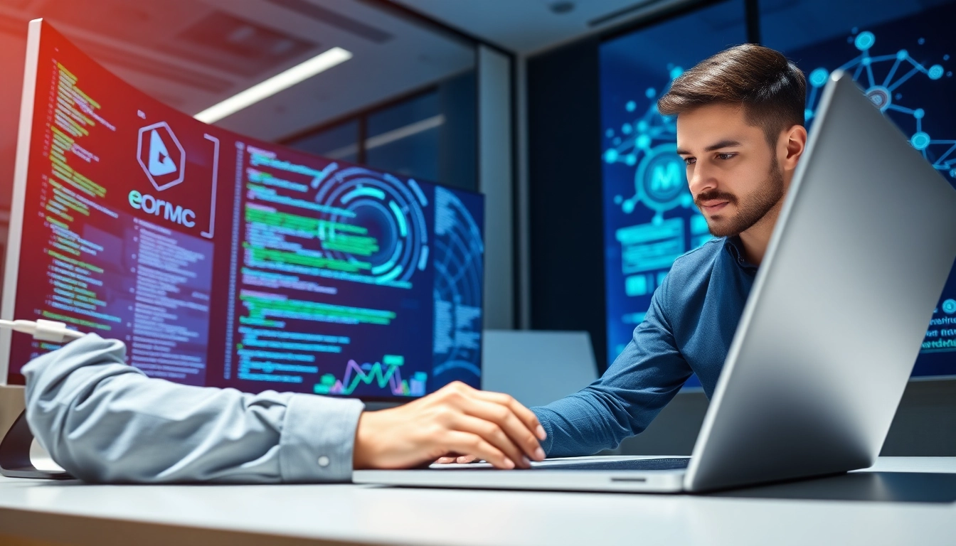 Enhance EORMC technology immersion with blockchain development in a modern office atmosphere.