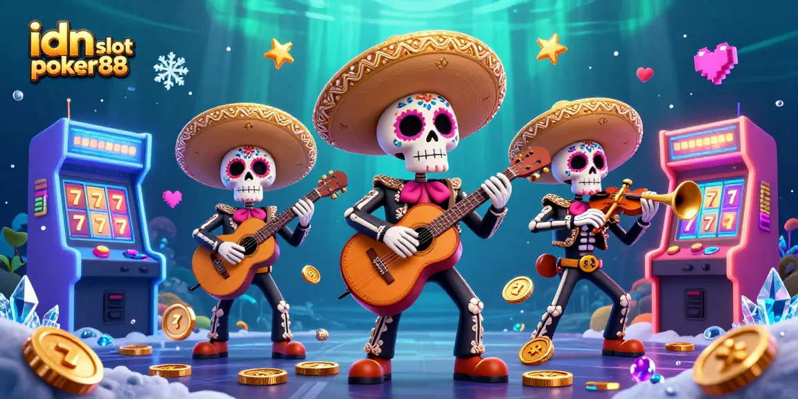 Engage with idn slot poker88 in a vibrant 3D casino illustration showcasing a mariachi band, slot reels, and glowing arcade games.