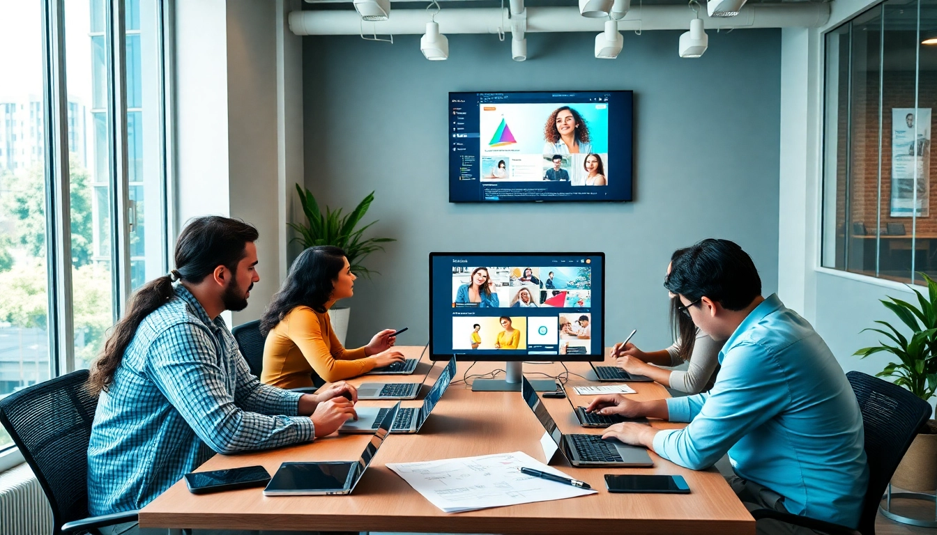 Professional workspace depicting dịch vụ thiết kế website collaboration with diverse team members.