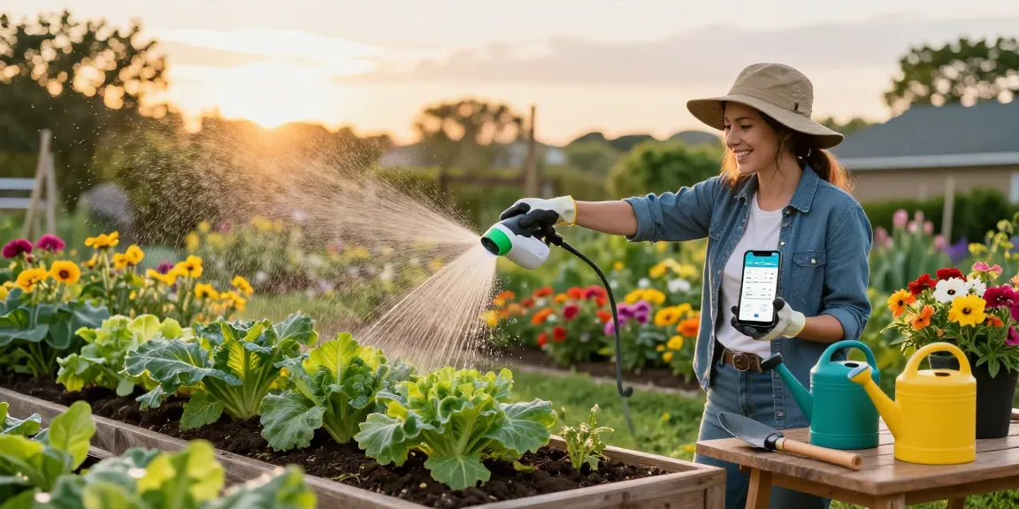Gardener using rainpoint smart sprinkler controller to water vibrant plants in sunny garden setting