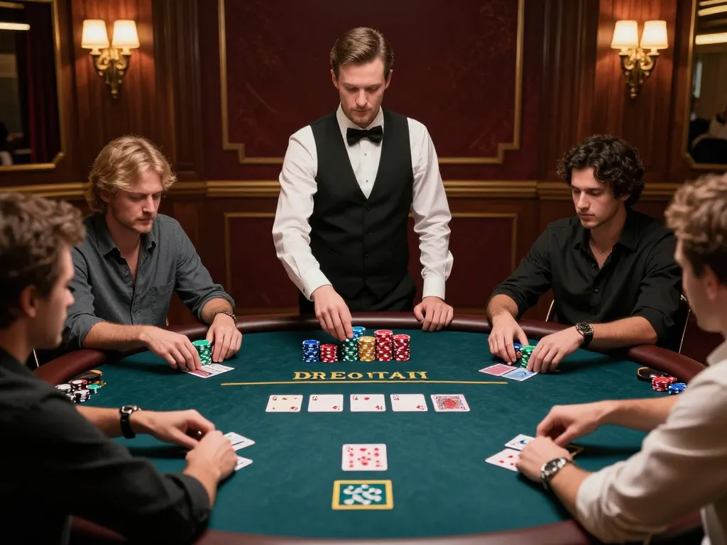 Players strategizing at a high-stakes poker table in a situs slot gacor atmosphere