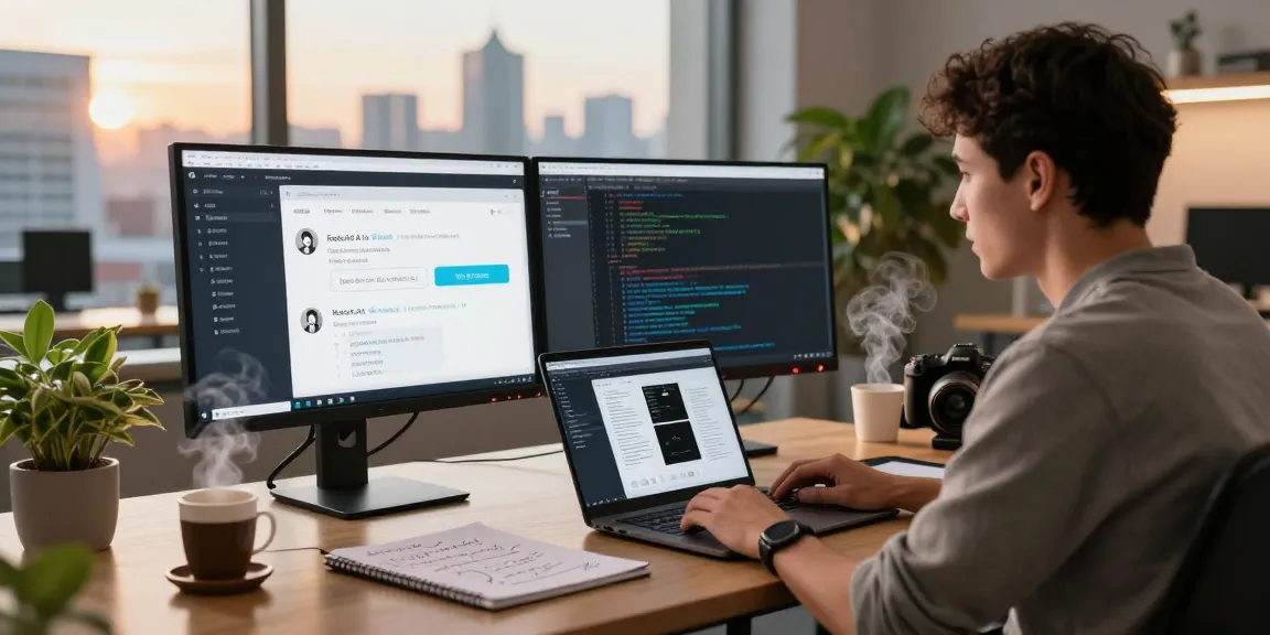 Kobold AI development scene featuring a developer engaging with dual monitors, coding interface, and design elements.