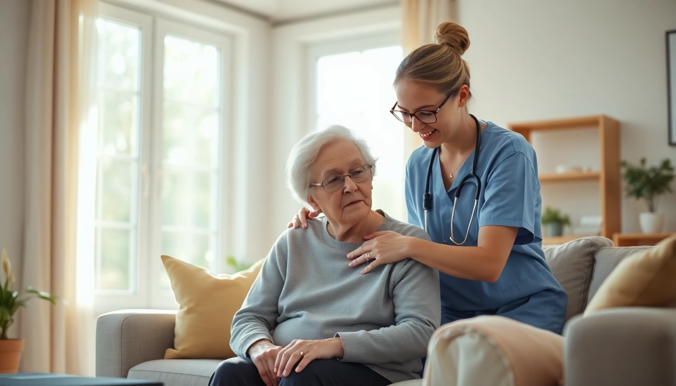 Engaging at home health care scene with caregivers providing support and companionship.