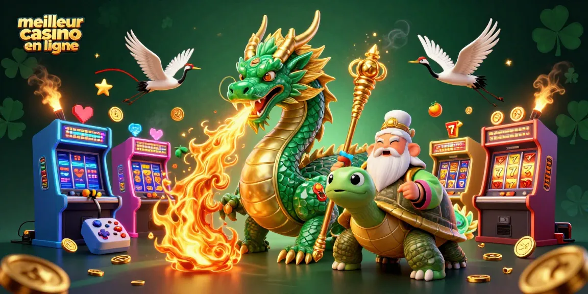 Jouer dans le meilleur casino en ligne avec un dragon de jade et une tortue sage au centre d'une scène dynamique.