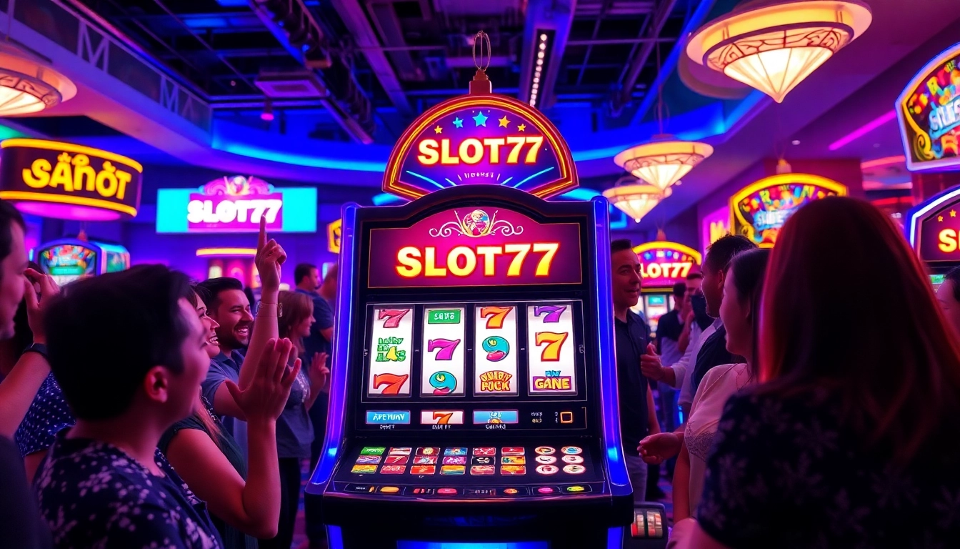 Mencoba Slot77 dengan penuh semangat di kasino yang cerah dan ramai.