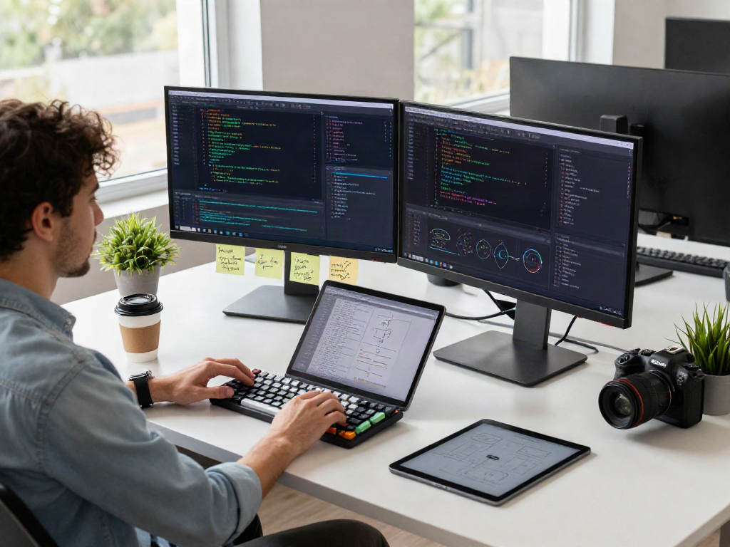 Programmer coding with dual monitors and coffee in a modern workspace highlighting the bro138 link.