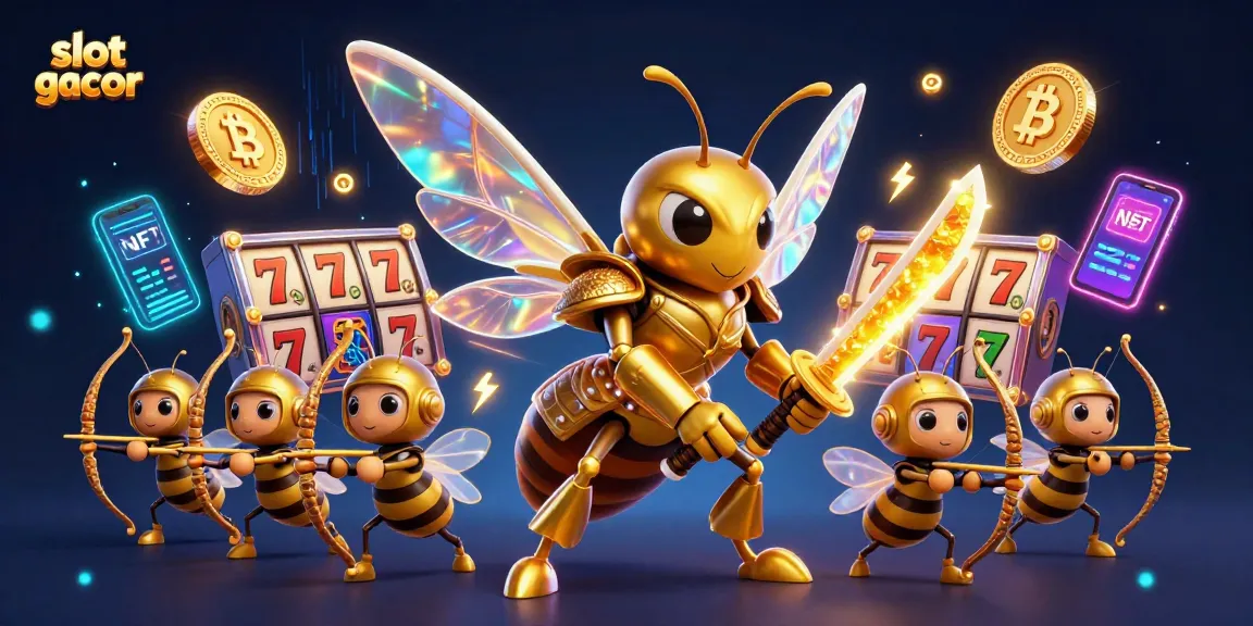 Experience the thrill of slot gacor with captivating visuals of a golden hornet and slot reels.