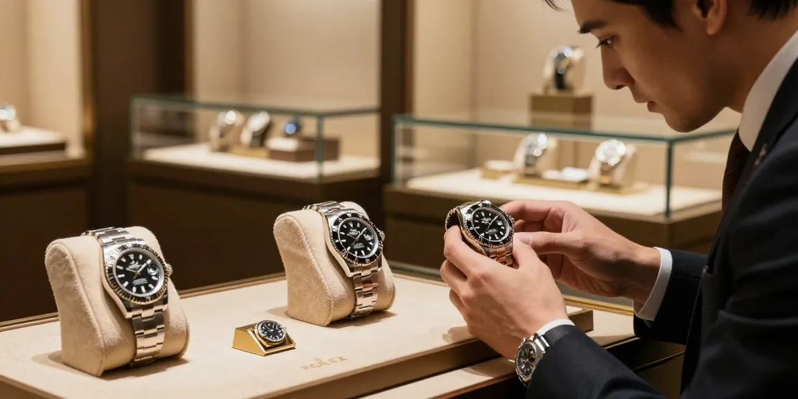 Close-up of exquisite rolex replica watches in a luxurious display, highlighting craftsmanship and intricate details.