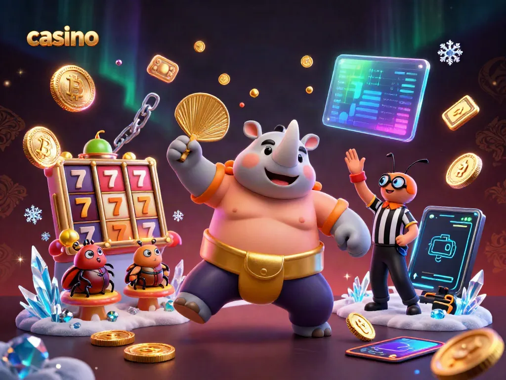 Exciting casino scene with a rhinoceros beetle champion and crypto coins flying.