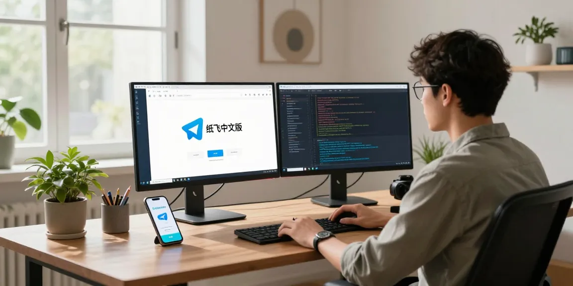 Engaging home office with 纸飞机中文版 interface on dual monitors, promoting effective communication.